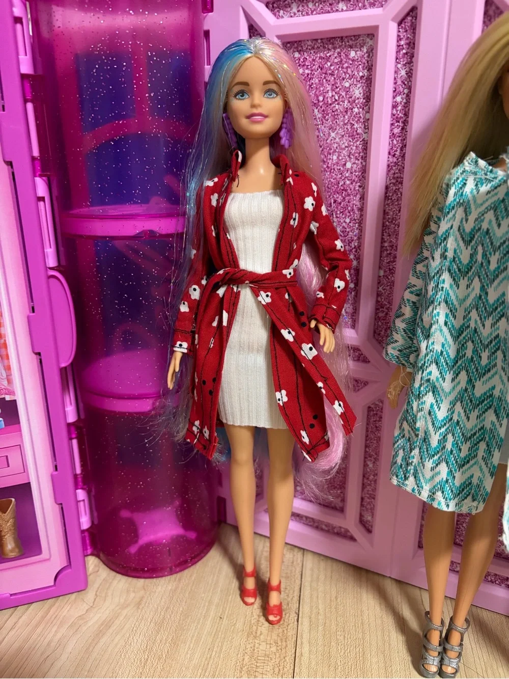 Barbie Dolls with White, Black, Blue, Red, Teal Coats
